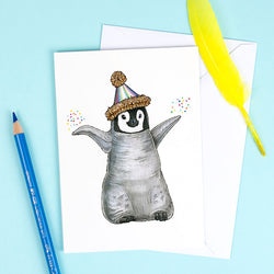 Penguin Chick in a Party Hat Greetings Card by Alice Tams