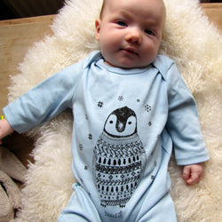 Percy the Baby Penguin Long Sleeved Baby Grow in Blue by Boodle
